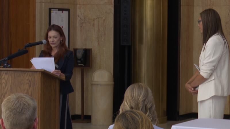 State Superintendent Kirsten Baesler gives a speech at the ceremony honoring Frannie Tunseth...