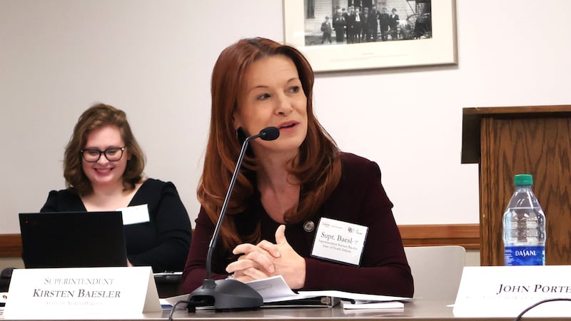 North Dakota Superintendent Kirsten Baesler speaks during a meeting of the state’s Teacher...