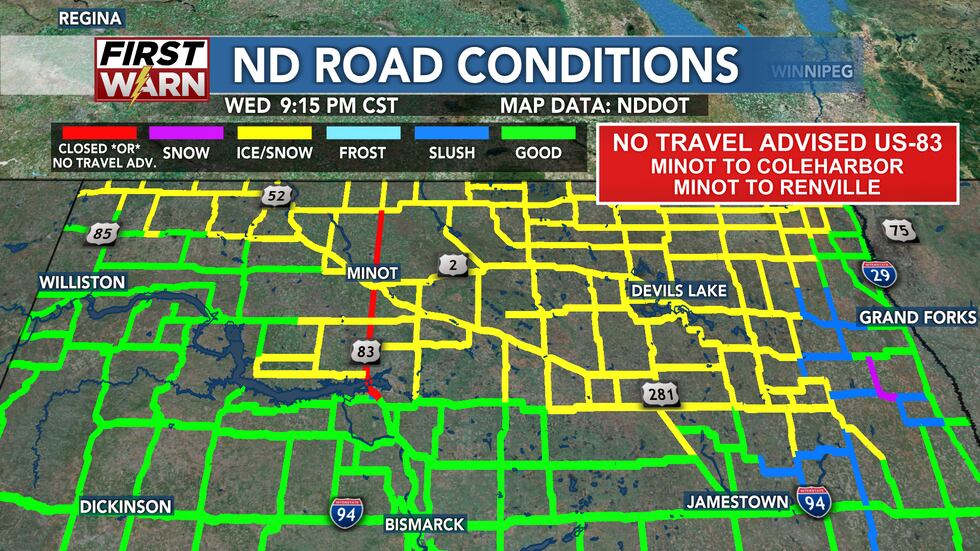 The no travel advisory remains in effect along Highway 83 as of 9:15 p.m.