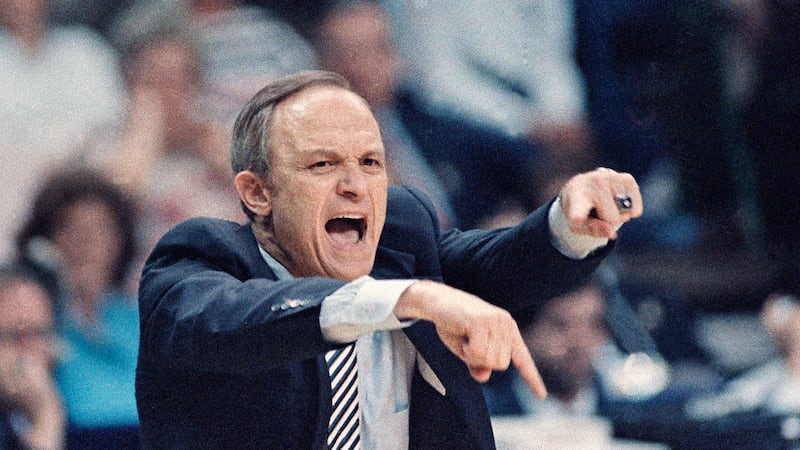 FILE - In this March 29, 1986, file photo, LSU coach Dale Brown yells to his team from the...