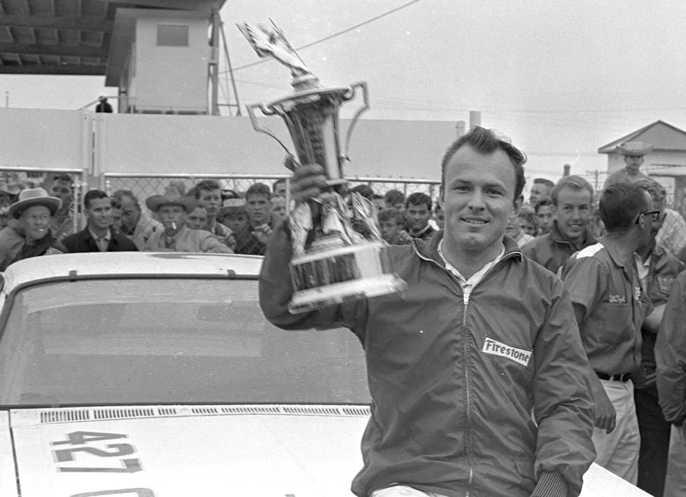 FILE - In this Feb. 14, 1965, file photo, Fred Lorenzen, of Elmhurst, Ill., gives a victory...