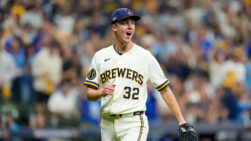 Milwaukee Brewers pitcher Jacob Misiorowski reacts to striking out Los Angeles Dodgers...