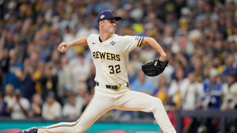 Milwaukee Brewers pitcher Jacob Misiorowski throws during the first inning of Game 1 of...