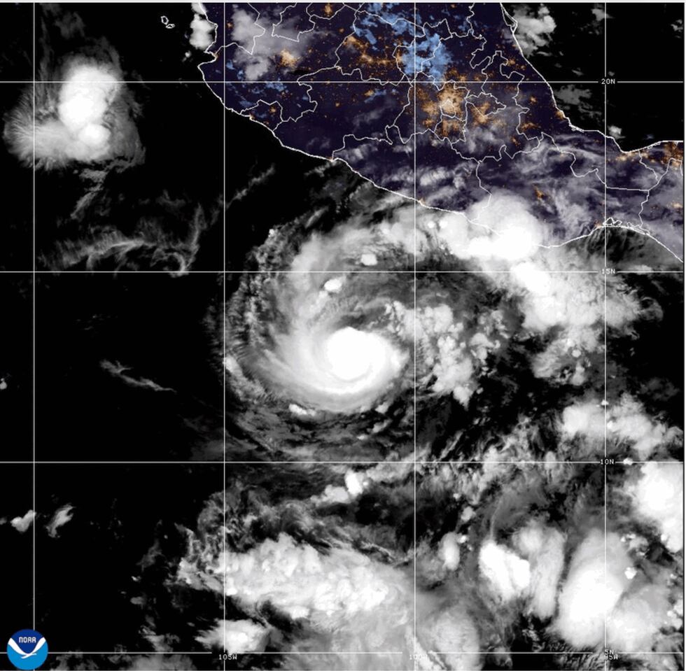 This GOES-19 GeoColor satellite image provided by the National Oceanic and Atmospheric...