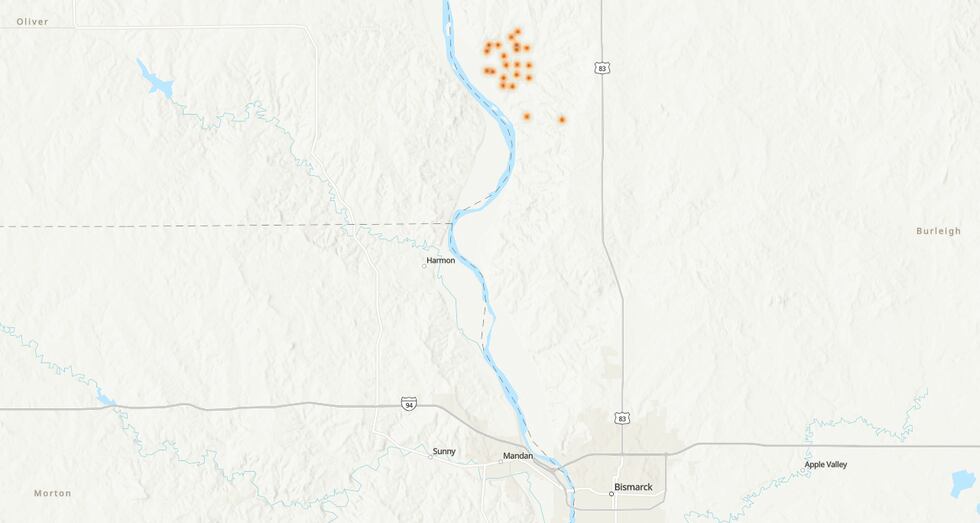 Satellite detection of hot spots north of Bismarck