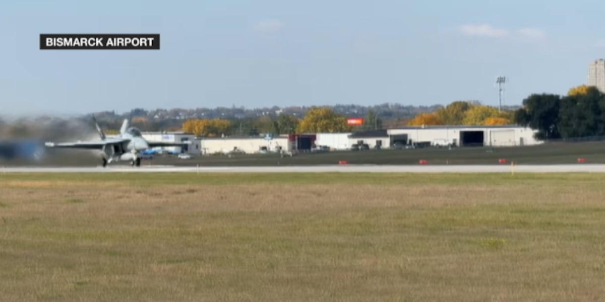 U.S. Navy EA-18G Growler lands at Bismarck Airport for refueling
